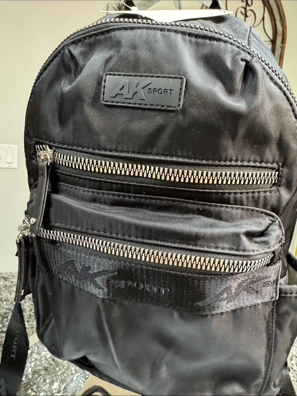 Anne Klein Black Nylon Medium Backpack with Silver Zippers NWT